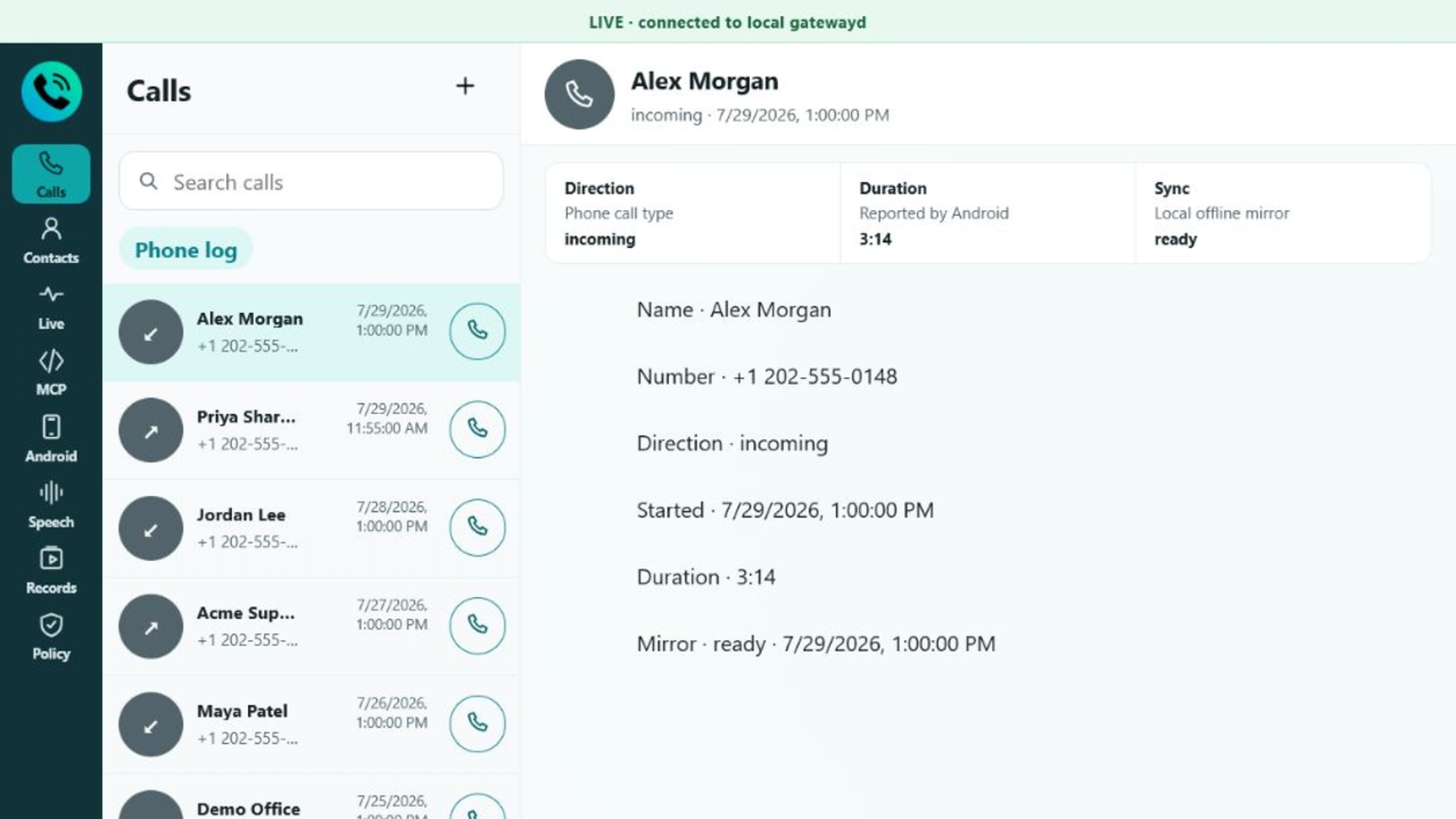 AgentCall Desktop Calls screen
