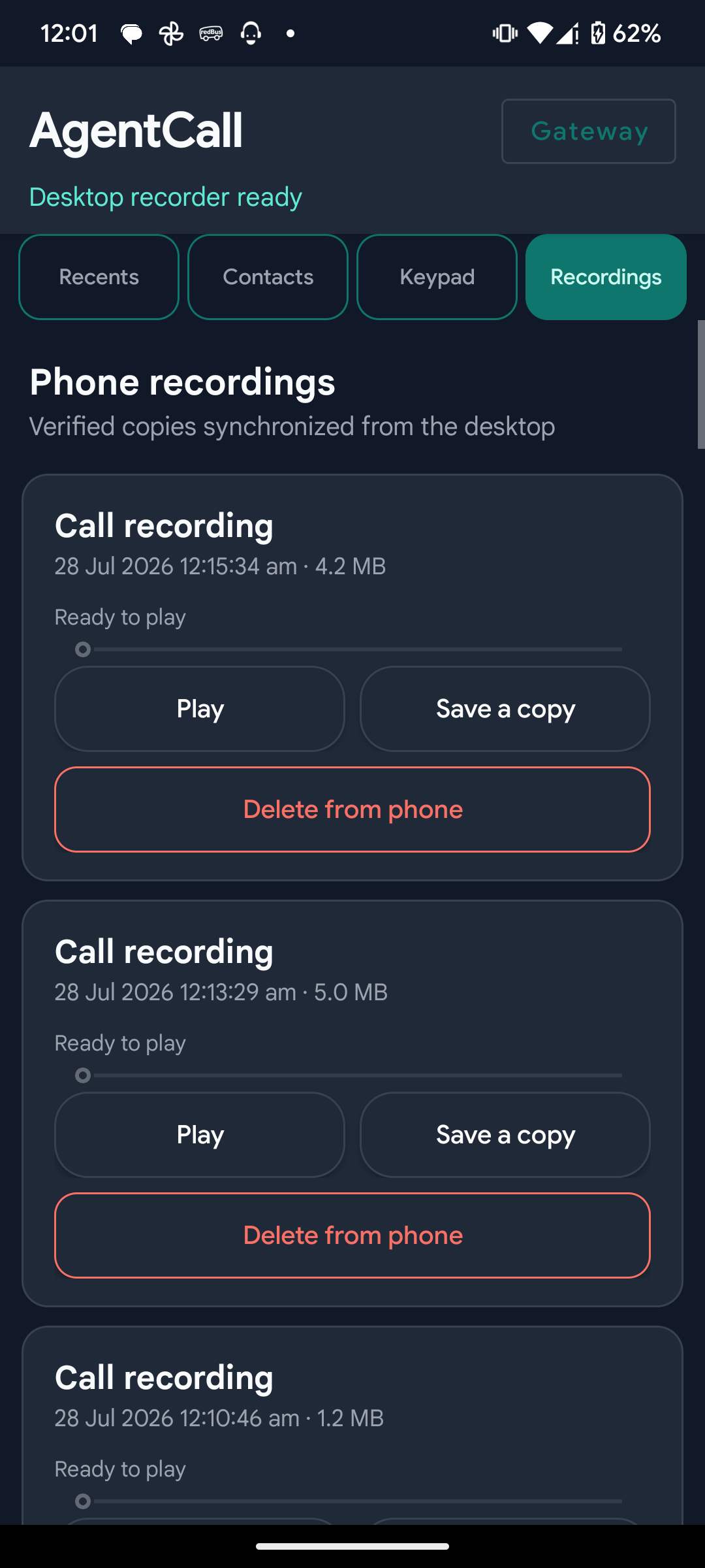 AgentCall Android app — Recordings, kept on your devices