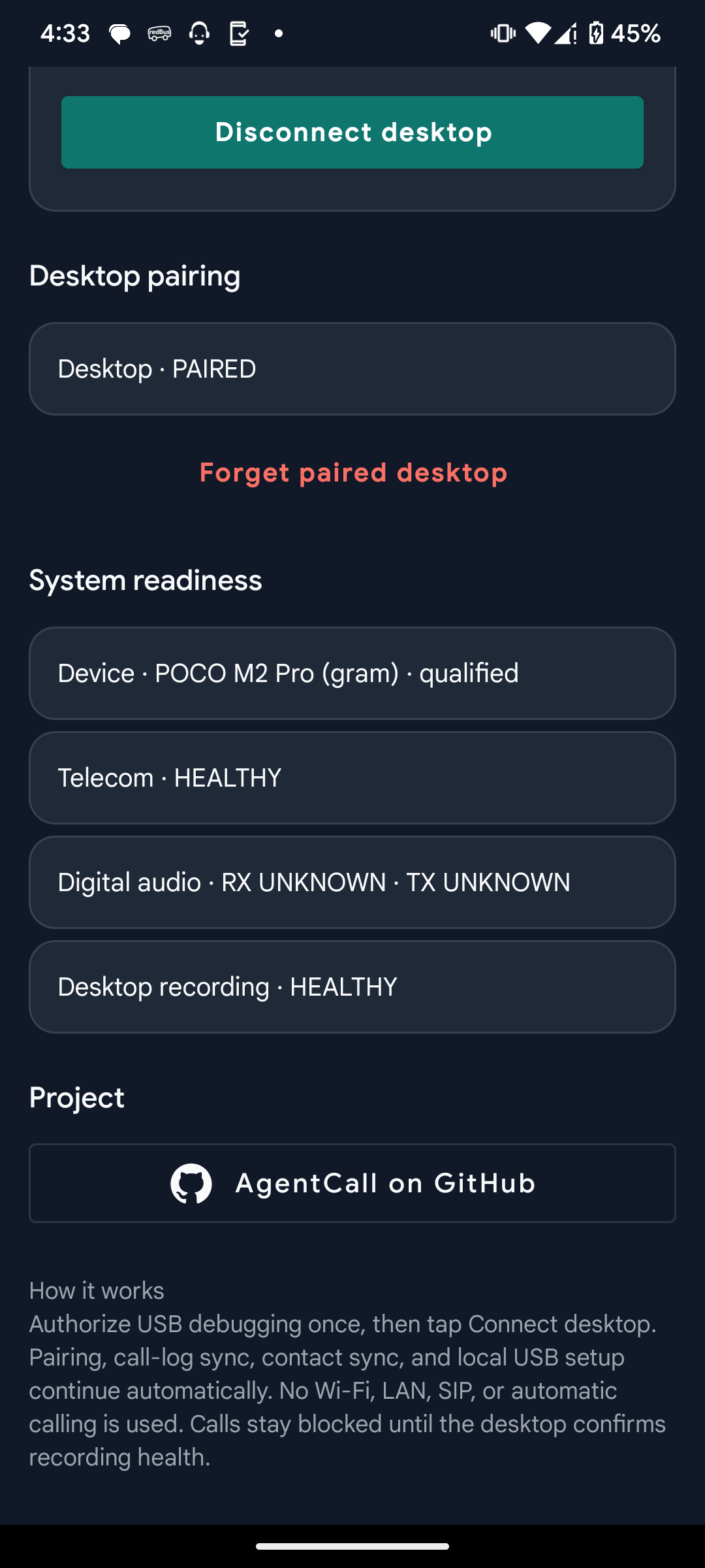 AgentCall Android app — The USB link and safety checks